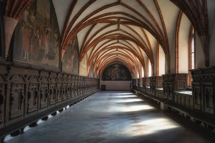Framed Print : Side corridor with arches and beautiful decorations in Church of the Assumption of the Blessed Virgin Mary Framed Print : Side corridor with arches and beautiful decorations in Church of the Assumption of the Blessed Virgin Mary