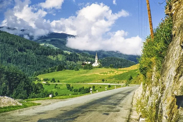 Framed Print : Country road leading to a rural church South Tyrol, Northern Italy, Europe 1950s