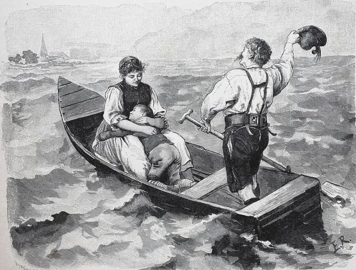 Framed Print : Couple with child crossing the lake in a barge