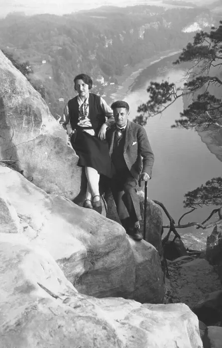 Framed Print : Couple hiking, rocks, ca. 1930s Framed Print : Couple hiking, rocks, ca. 1930s