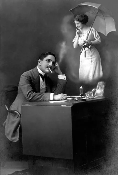 Framed Print : Couple, man at a desk thinking longingly of his lover Framed Print : Couple, man at a desk thinking longingly of his lover