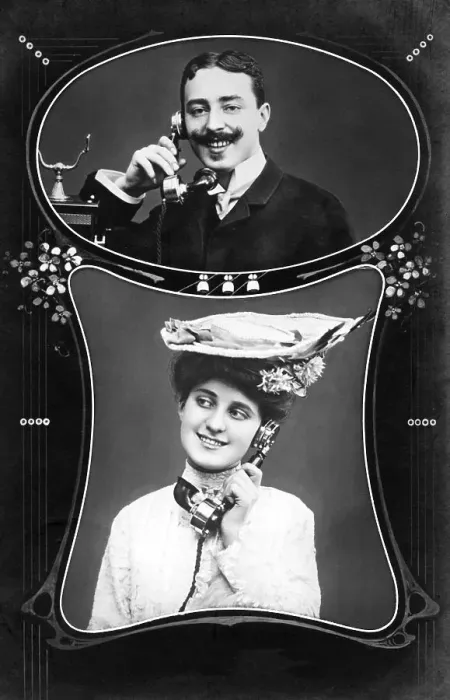 Framed Print : Couple, man and woman on the phone with a skeletal apparatus