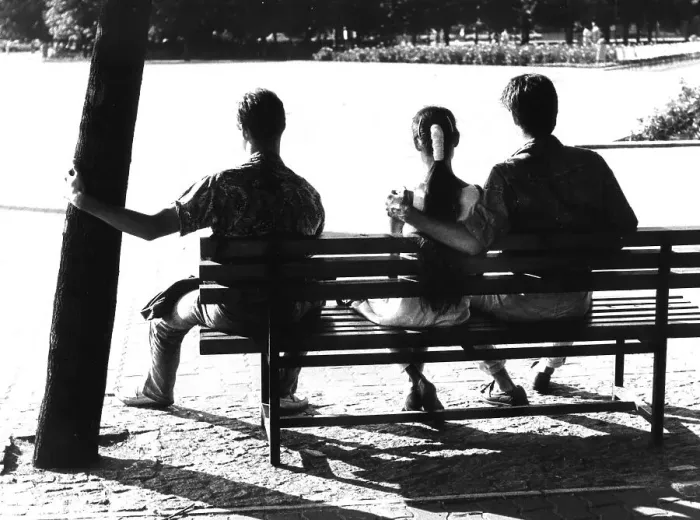 Framed Print : Two couples on a bench, ca. 1980s Framed Print : Two couples on a bench, ca. 1980s