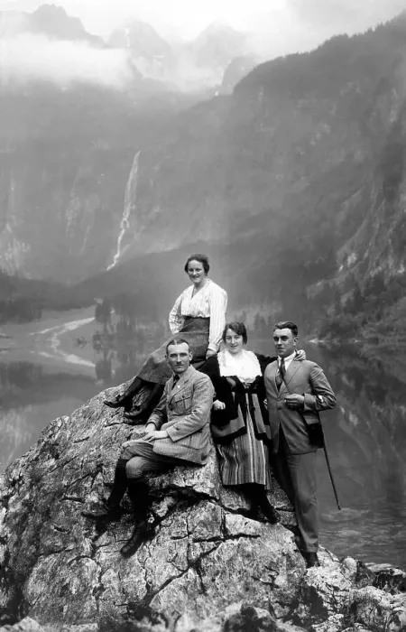 Framed Print : Two couples, hikers posing in front of the Roethbach Falls at Schoenau am Koenigssee Framed Print : Two couples, hikers posing in front of the Roethbach Falls at Schoenau am Koenigssee