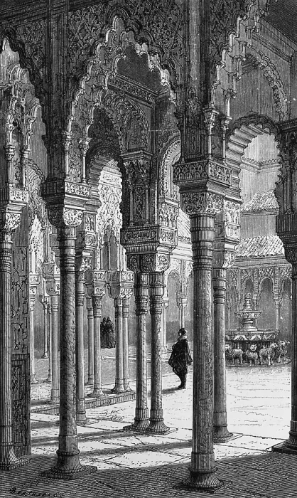 Framed Print : Court of the Lions with the Lion Fountain in the Alhambra of Granada, Andalusia, portico, oriental ornamentation, geography, Spain, historical illustration 1888, Europe