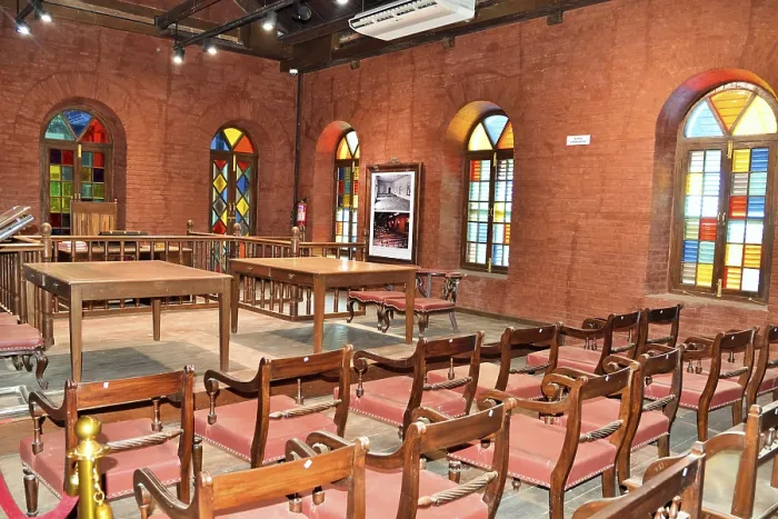 Framed Print : Court room with colored glass windows