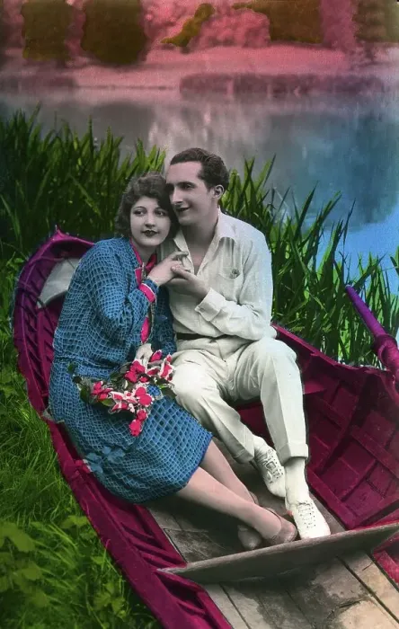 Framed Print : Courting couple in a boat, historical photo