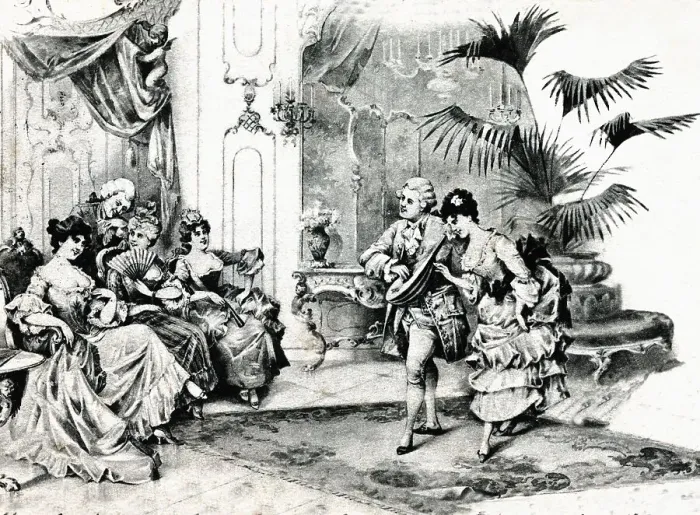 Framed Print : Courtly dancing in rococo costumes postcard about 1900