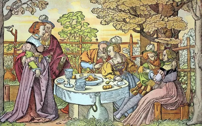 Framed Print : Courtships, colored woodcut by H
