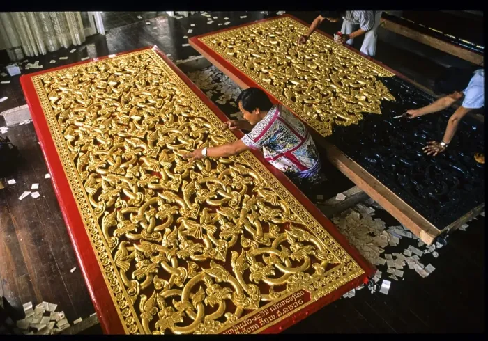 Framed Print : Craftsmen gilding doors with gold leaf