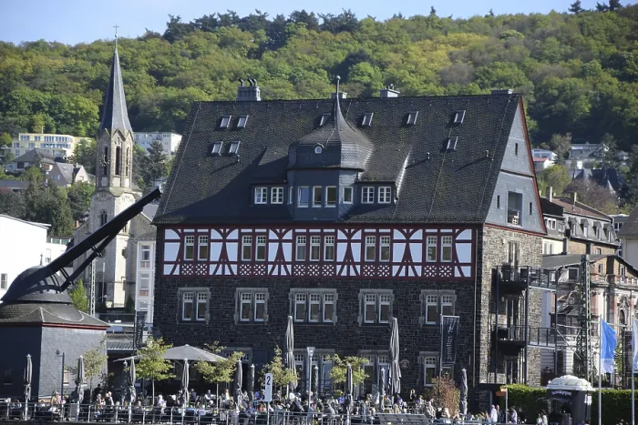 Framed Print : Crane and frame house in Bingen