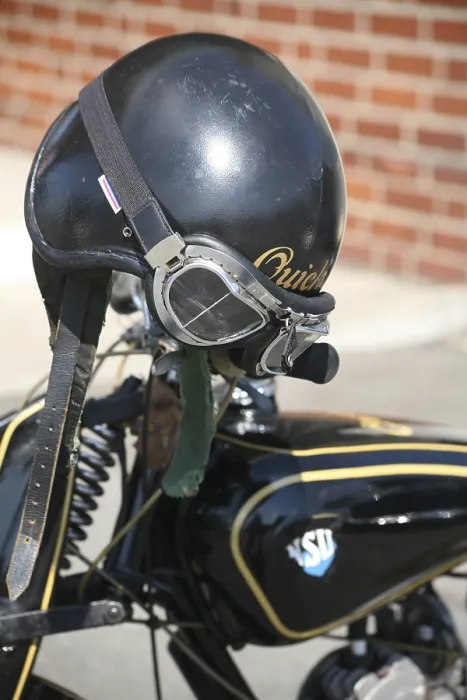 Framed Print : Crash helmet with goggles on an NSU motorbike Framed Print : Crash helmet with goggles on an NSU motorbike