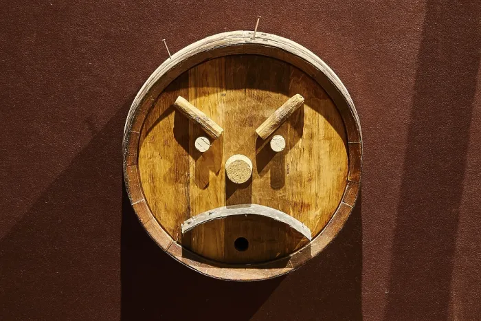 Framed Print : Creative wall art from a wooden barrel depicting a sinister face