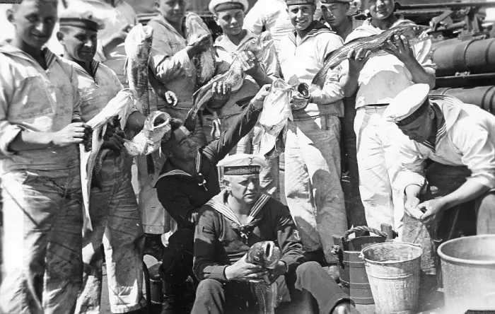 Framed Print : Crew members torpedo boat griffin with fish