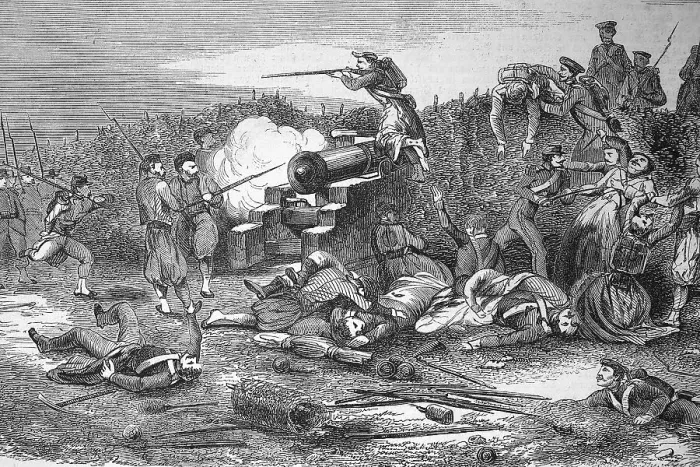 Framed Print : Crimean War 1855, the Russian army attacks a French battery Framed Print : Crimean War 1855, the Russian army attacks a French battery