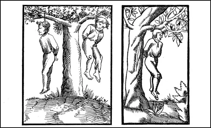 Framed Print : Criminals caught in the act by the Schoeffen and hanged on a tree Framed Print : Criminals caught in the act by the Schoeffen and hanged on a tree