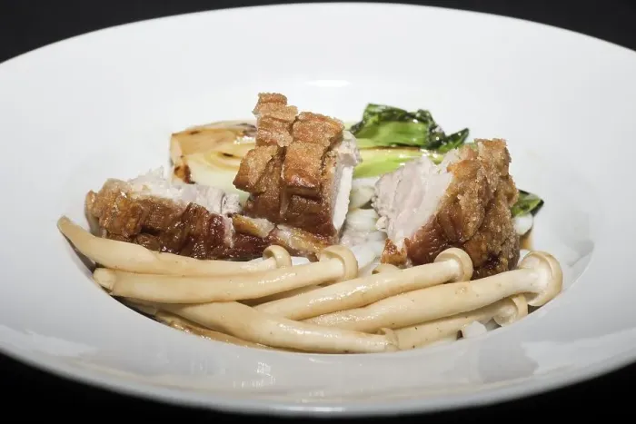 Framed Print : Crispy fried pork belly on Japanese udon noodles