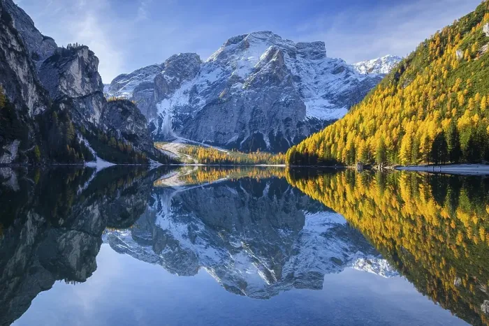 Framed Print : Croda del Becco, Seekofel, reflected in lake in autumn