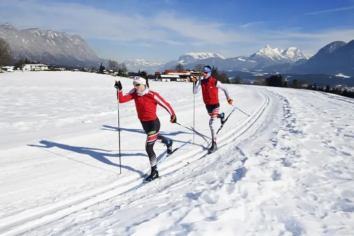 Framed Print : Cross-country skiers, Cross-Country Centre Angerberg