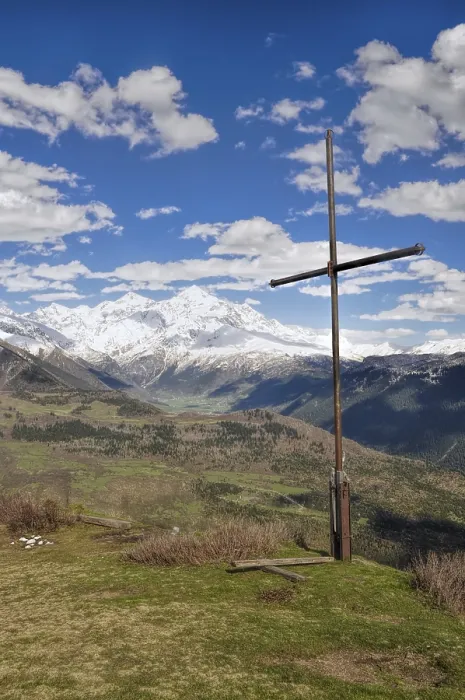 Framed Print : Cross over Mestia with mountains in the background