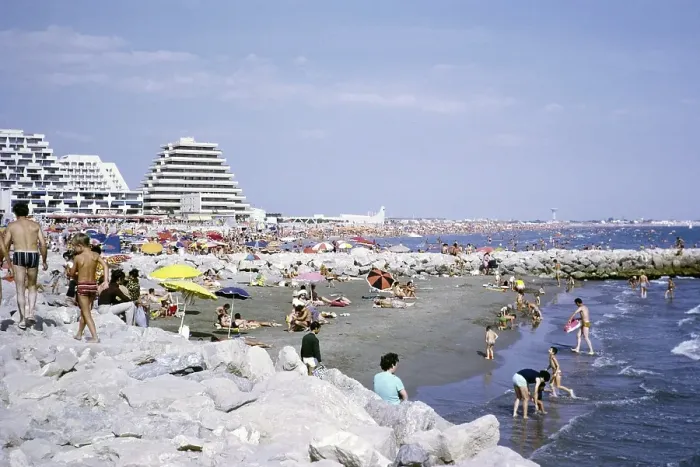 Framed Print : Crowded beach with modern pyramid-shaped hotels, La Grande Motte, Herault, France 1972