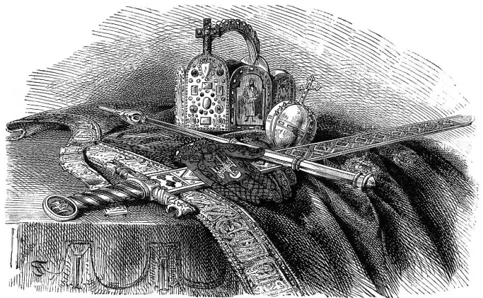 Framed Print : Crown, scepter and sword, insignia of the German Emperor in the 19th Century