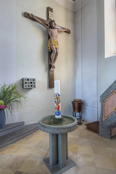 Framed Print : Crucifix and baptismal font