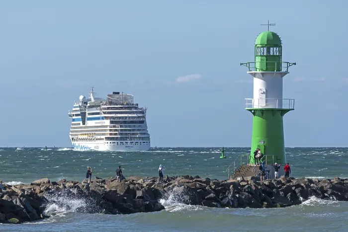 Framed Print : Cruise ship AIDA nova leaving, lighthouse