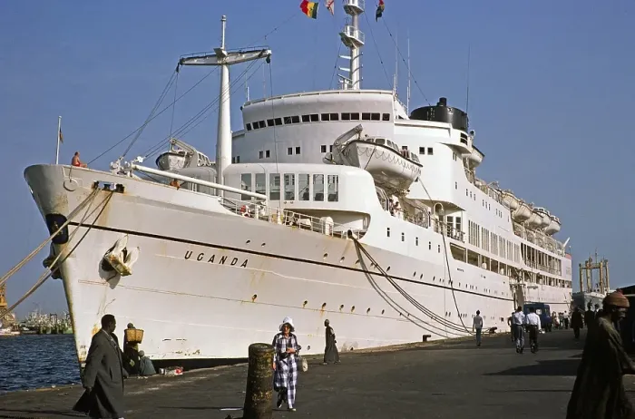 Framed Print : The cruise ship SS Uganda, built in 1952 as a passenger ship, on the quay in Dakar, Senegal, West Africa in 1978, when it was used as an educational cruise ship, Africa