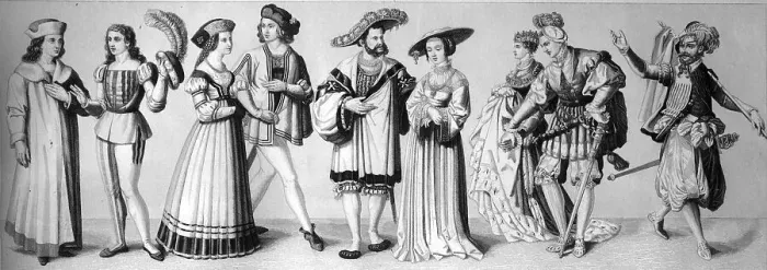 Framed Print : Cultural history, from left: two students costumes around 1500