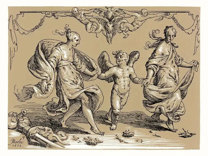Framed Print : Cupid Dancing with Two Allegorical Women Framed Print : Cupid Dancing with Two Allegorical Women