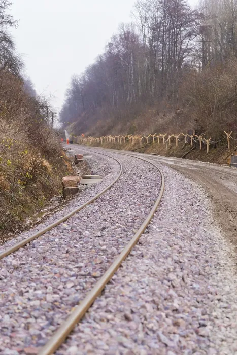 Framed Print : Curvy train tracks meander through a wooded Framed Print : Curvy train tracks meander through a wooded