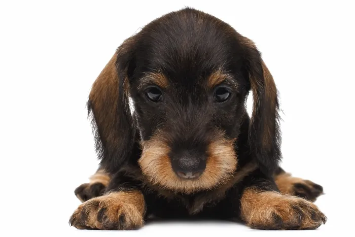 Framed Print : Cute little dachshund puppy on white background