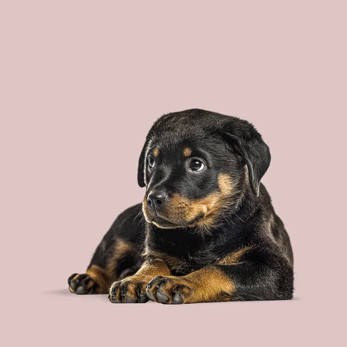 Framed Print : Cute rottweiler puppy lying down on a pink background Framed Print : Cute rottweiler puppy lying down on a pink background