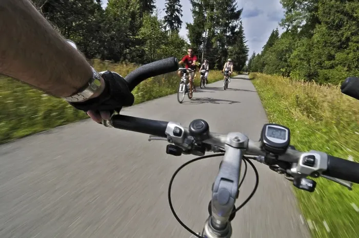 Framed Print : Cycle path with cyclists in Perlacher Forst forest