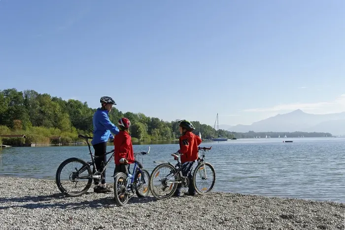 Framed Print : Cyclists, cycling tour at lake Chiemsee