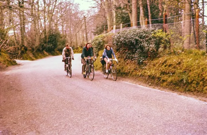 Framed Print : Four cyclists, two women, cycling on a country road, South of England, Great Britain 1957