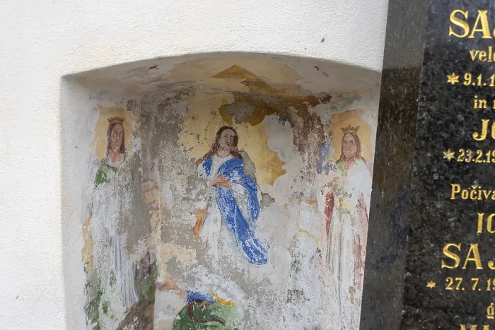 Framed Print : Damaged religious fresco on a wall niche with figures Framed Print : Damaged religious fresco on a wall niche with figures