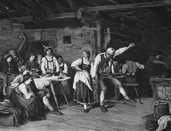 Framed Print : Dance at the mountain hut in the evening
