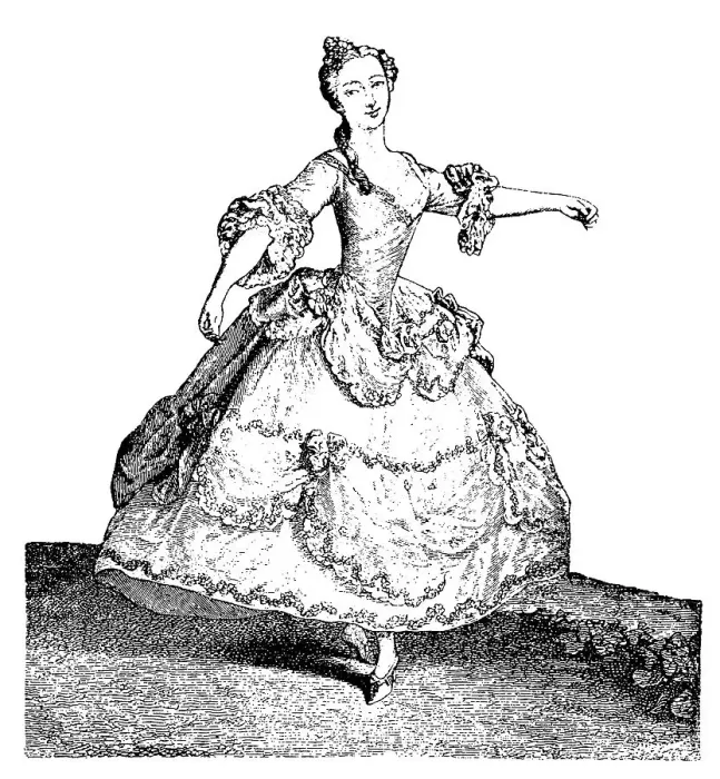 Framed Print : Dancer in hoop skirt, 1740, History of fashion