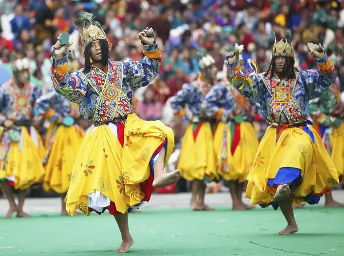 Framed Print : Dancers at the Tashichho Dzong monastery festival