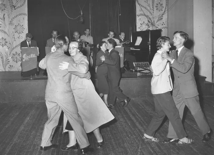 Framed Print : Dancing in the 1950s. The dance floor is filled with well dressed dancing couples