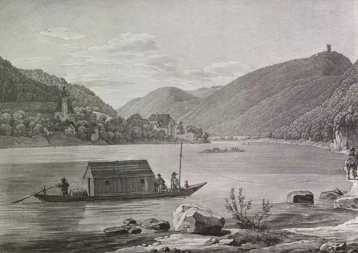 Framed Print : The Danube in Upper Austria, Engelhartszell market