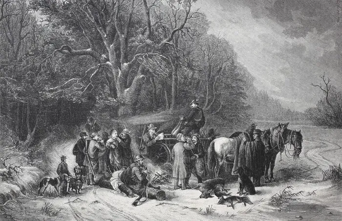 Framed Print : After the day's hunting, the hunt is loaded onto a carriage