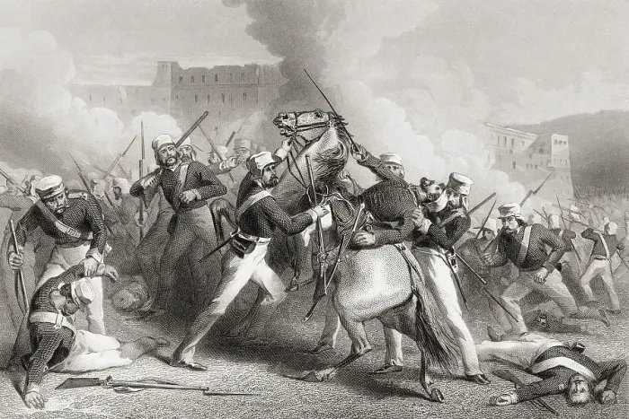 Framed Print : Death of Brigadier Adrian Hope in attack on Fort of Roodmow, India, Asia, 1858, Asia