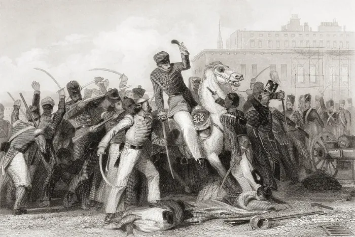Framed Print : Death of Colonel Finnis at Meerut, Uttar Pradesh, India, Asia