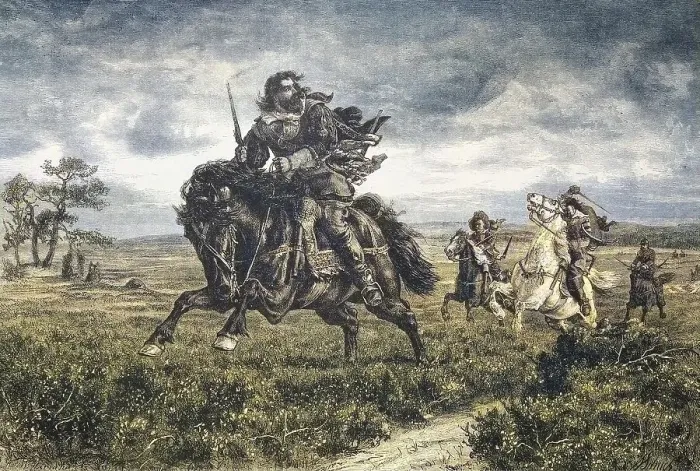 Framed Print : To the death. Musketeers chase a fugitive horseman Framed Print : To the death. Musketeers chase a fugitive horseman