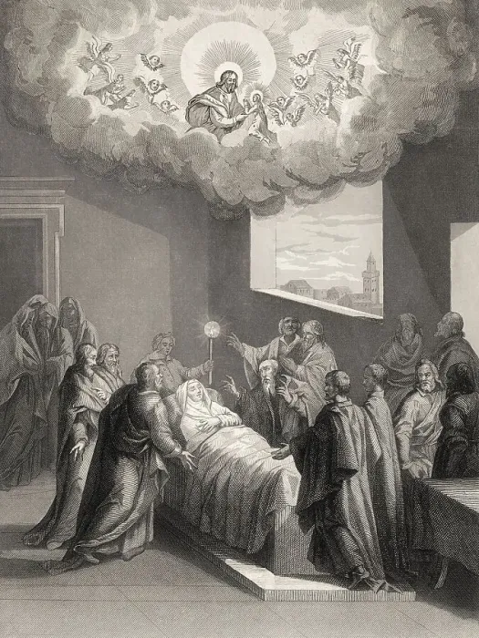 Framed Print : The Death of the Virgin Mary, Steel engraving 1853