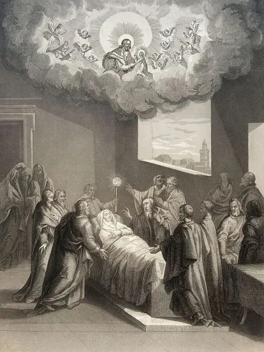 Framed Print : The Death of the Virgin Mary, Steel engraving 1853 Framed Print : The Death of the Virgin Mary, Steel engraving 1853