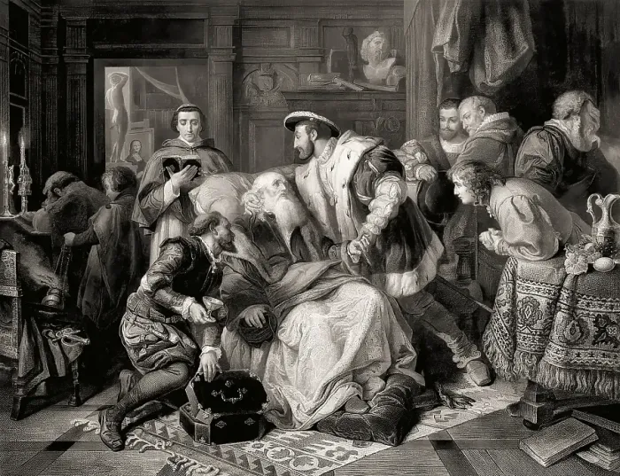 Framed Print : The deathbed of Leonardo da Vinci on May 2, 1519 with Francis I of France holding his head Framed Print : The deathbed of Leonardo da Vinci on May 2, 1519 with Francis I of France holding his head
